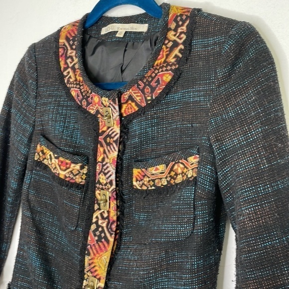𝅺RACHEL Roy tweed fringe trim abstract print blazer - Picture 3 of 10